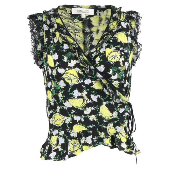 Diane Von Furstenberg Peona Lemon-Print Wrap Blouse Top in Multicolor Silk